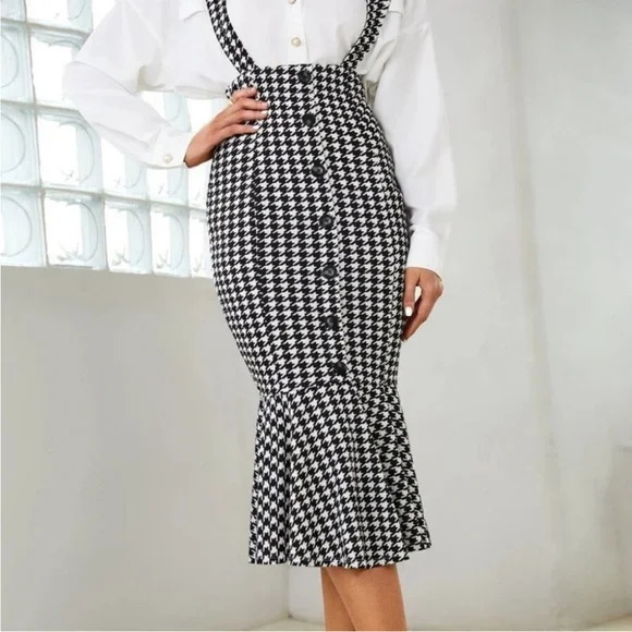 Mermaid Hem Skirt with suspenders Houndstooth Print - Picture 7 of 9